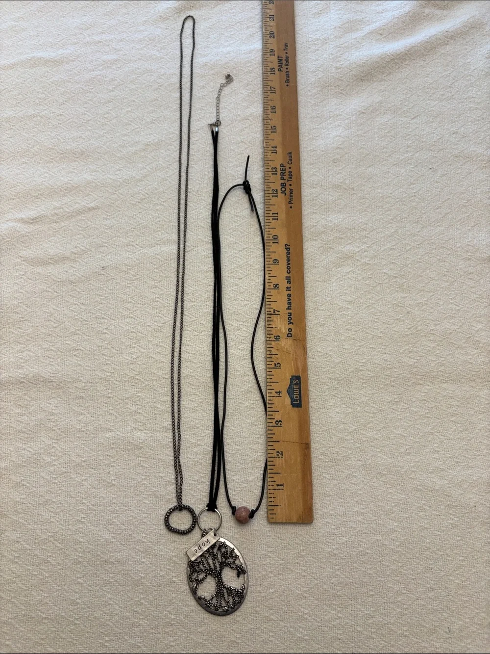 Boho Bundle of 3 Black Cord and Gunmetal Tree of Life Necklace with Pink Accent - Picture 3 of 10